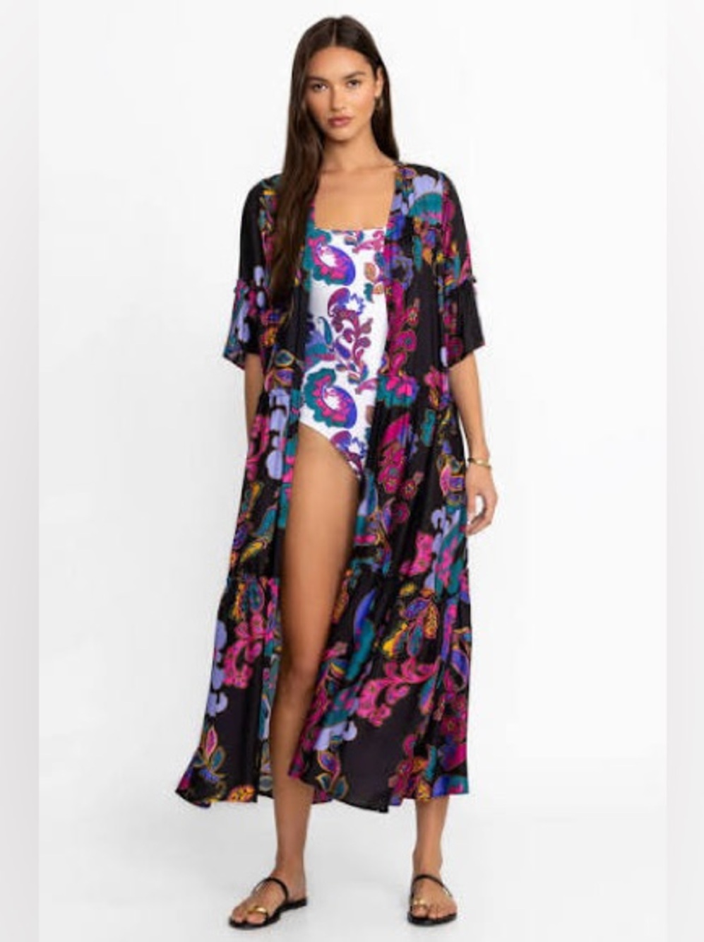 NWT Johnny Was Swim Black Floral Paisley Swim Cover-Up Kimono, size S
